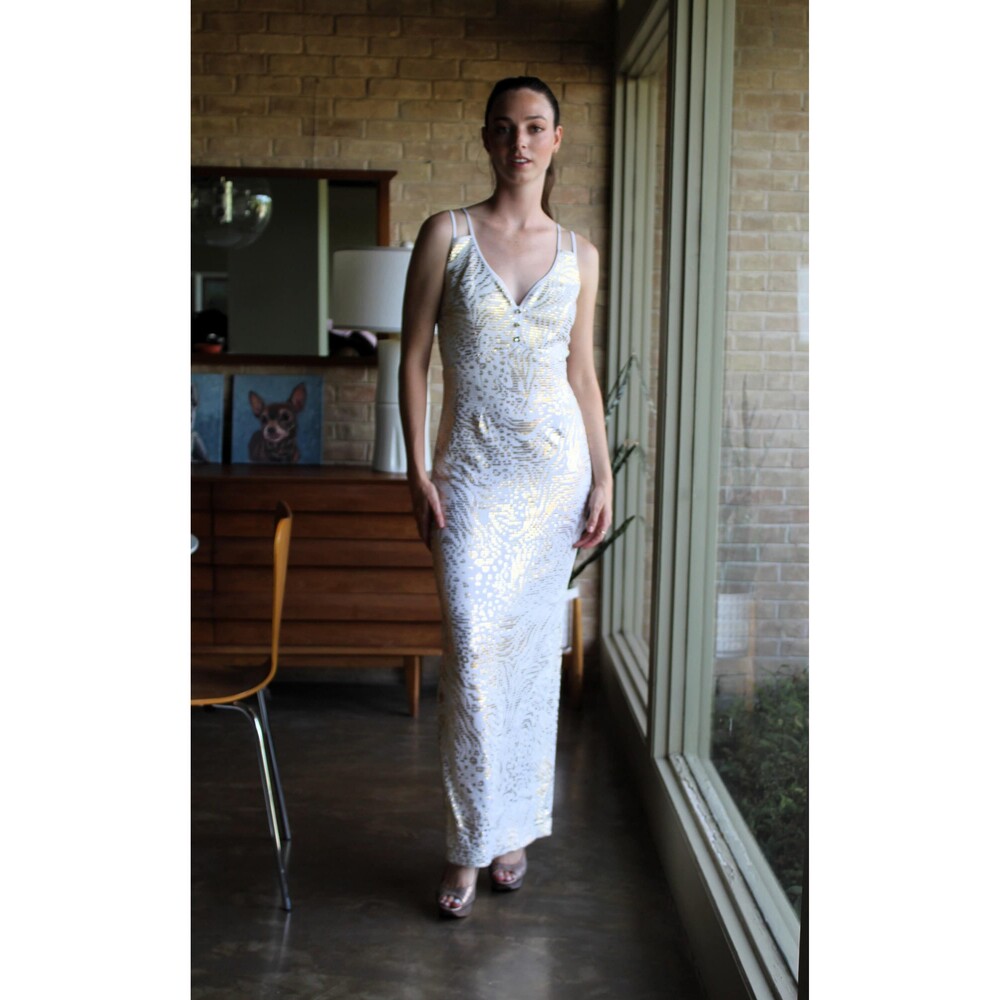 Vintage 1980s Janine Mesh Chainmail Evening Gown Dress XS Women White Gold